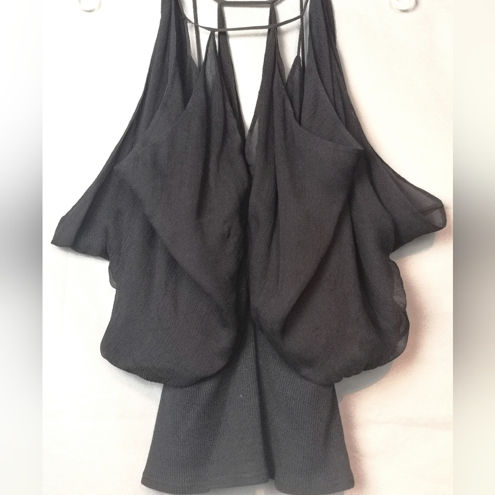 Rare Vintage Catherine Malandrino Black Silk Chiffon Sheer draped camisole top